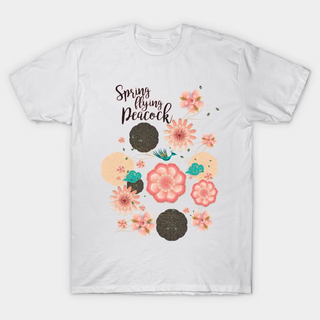 Floral Ornament, Flying Peacock Spring Peach Garden, Decorative Pink Flowers, blossom sakuras BOHO T-Shirt by sofiartmedia